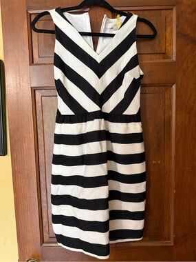 Loft Sleeveless Black and White Striped V-Neck Dress